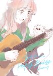  1girl :d acoustic_guitar animification brown_hair character_name commentary_request dated dog green_sweater guitar happy_birthday highres instrument kan_kanna l9525 long_hair long_sleeves music open_mouth playing_guitar playing_instrument pomeranian_(dog) real_life simple_background sitting smile solo sweater voice_actor white_background 