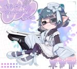  1girl apron aqua_eyes aqua_hair beads black_bow black_bowtie black_dress bloblobber_(splatoon) blue_jacket blue_shoes bow bowtie closed_mouth commentary_request commission dress full_body gradient_hair hair_beads hair_bow hair_horns hair_ornament hat highres indie_virtual_youtuber inkling inkling_girl inkling_player_character jacket long_sleeves looking_at_viewer mini_hat monocle multicolored_hair open_clothes open_jacket pointy_ears puchiman purple_hair purple_thighhighs second-party_source shoes short_hair signature skeb_commission sleeves_past_fingers sleeves_past_wrists smile solo splatoon_(series) stethoscope_around_neck tentacle_hair thank_you thighhighs virtual_youtuber white_apron white_bow white_hat x_hair_ornament 