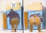 2_panel_comic anthro anus appliance backsack balls bear bent_over big_butt blue_anus bottomless bottomless_male butt cathricorn clothed clothing comic dialogue english_text fridge genitals grumpy kitchen_appliance looking_in_fridge male mammal onomatopoeia pattern_clothing pattern_topwear penis perineum plaid plaid_clothing plaid_topwear rear_view robe robe_only solo sound_effects text topwear