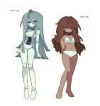  2girls air_zizon android blue_hair blunt_bangs blush_stickers bra closed_eyes closed_mouth commentary_request dark-skinned_female dark_skin eunoia_(frozen_soul) frozen_soul full_body hair_between_eyes highres joints korean_commentary long_hair multiple_girls nashatra_bealdhild no_nipples open_mouth panties roblox robot_joints seams see-through_body sidelocks simple_background smile underwear very_long_hair white_background white_bra white_panties 