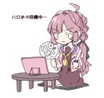  1girl :3 ahoge anyoji_hime blush_stickers brown_dress closed_mouth deformed dress glowstick hair_intakes hand_fan hand_fan_writing hasu_no_sora_school_uniform holding holding_fan holding_glowstick hood hooded_jacket jacket link!_like!_love_live! long_sleeves love_live! multi-tied_hair neckerchief open_clothes open_jacket paper_fan penlight_(glowstick) pink_hair pink_jacket ponytail sailor_collar sailor_dress school_uniform seiza sidelocks simple_background sio_pasta sitting solo table tablet_pc tablet_stand translation_request uchiwa v-shaped_eyebrows virtual_youtuber white_background white_sailor_collar winter_uniform yellow_neckerchief |_| 