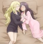  bed blonde_hair couple hair_down hair_over_one_eye holding_hands ikezawa_hanako katawa_shoujo long_hair magical_ondine multiple_girls nightgown pajamas pillow purple_hair satou_lilly scar shorts sleeping yuri 