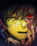  1other ambiguous_gender black_background blood blood_on_face blood_on_knife brown_hair chara_(undertale) cracked_kawaii_mask frisk_(undertale) hands_on_own_face highres holding holding_knife knife mask red_eyes redram_aoi undertale utdr_(toby_fox) 