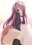  animal_ears bed between_breasts blush breasts bunny_ears chimunge cleavage hand_to_own_mouth highres jacket long_hair lying medium_breasts on_side one_eye_closed pillow purple_hair red_eyes reisen_udongein_inaba skirt solo touhou wince window 