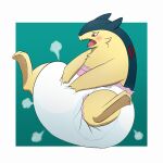 2021 3_fingers 3_toes absurd_res ambiguous_gender anthro big_diaper blue_body blue_fur blush border clean_diaper clothed clothing cloud_emanata diaper diaper_only diaper_puff ears_back emanata fang29 fangs feet fingers full-length_portrait fur generation_2_pokemon gradient_background green_background hand_on_diaper hi_res multicolored_body multicolored_fur narrowed_eyes nintendo open_mouth pivoted_ears pokemon pokemon_(species) portrait simple_background solo surprised surprised_face teeth toes topless touching_diaper two_tone_body two_tone_fur typhlosion wearing_diaper white_border white_diaper yellow_body yellow_fur