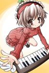  akou_roushi alternate_costume blush brown_eyes brown_hair hat instrument keyboard_(instrument) looking_at_viewer lyrica_prismriver ribbed_sweater short_hair simple_background skirt smile solo sweater touhou 