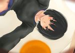  amagami bent_over black_hair blush bob_cut brown_eyes from_below looking_at_viewer looking_down midriff murasaki_iro nanasaki_ai pov short_hair smile solo 