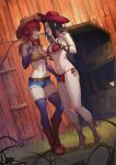  2girls arm_warmers bandana bandana_around_neck bandeau belt bikini black_hair blue_thighhighs boots breasts bulge cleavage commentary cowboy_hat cowgirl_(western) crotch_grab denim denim_shorts english_commentary faceoff futa_with_female futanari grabbing_another's_breast grin groping hat highres ikazuchi_no_senshi_raidy long_hair mariel_(ikazuchi_no_senshi_raidy) medium_breasts middle_finger multiple_girls navel outdoors raidy red_eyes red_hair short_shorts shorts side-tie_bikini_bottom smile stomach swimsuit thighhighs yan_(situyan0303) yellow_bandeau 