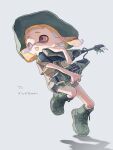  1girl 1n0chi black_shorts blonde_hair boots brown_shirt colored_tongue commentary_request fangs full_body green_boots green_hat grey_background hat holding holding_weapon inkling inkling_girl inkling_player_character jet_squelcher_(splatoon) lace-up_boots long_pointy_ears looking_to_the_side medium_hair open_mouth pink_eyes pointy_ears shirt short_sleeves shorts smile solo splatoon_(series) splatoon_3 tentacle_hair weapon wide_sleeves yellow_tongue 
