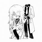  1girl 1other alternate_hair_length alternate_hairstyle belt chinese_commentary coat collared_shirt commentary_request dante_(limbus_company) dated_commentary e.g.o_(project_moon) faust_(project_moon) full_body greyscale hair_over_one_eye highres holding_another's_hair ivy_(675671) kishimen_hair lapels limbus_company long_hair long_sleeves mask monochrome necktie notched_lapels pants project_moon respirator shirt simple_background sleeves_past_fingers sleeves_past_wrists thoracalgia_(e.g.o) very_long_hair 