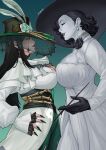  2girls absurdres alcina_dimitrescu black_corset black_gloves black_hair black_nails black_veil breast_press breasts brown_eyes cleavage cleavage_cutout clothing_cutout colored_skin commentary corsage corset crossover dress earrings english_commentary eye_contact fingernails flower gloves gradient_background green_background green_eyes green_flower green_rose grey_lips hand_on_own_hip hat hat_flower hela_(marvel) hela_(the_grim_lady)_(marvel) highres jewelry large_breasts long_fingernails long_hair looking_at_another marvel marvel_rivals mature_female multiple_girls pale_skin profile red_lips resident_evil resident_evil_village rose sharp_fingernails shirt sun_hat thor_(marvel)_(series) trait_connection tre_artz veil white_dress white_shirt white_skin 