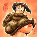  1girl black_hair breasts cow_girl cow_girl_(hataraki) female hataraki_ari horns huge_breasts lowres nipple_slip nipples no_bra original puffy_nipples shirt_lift short_hair solo standing sweat sweater translated twintails underboob upper_body yellow_eyes 