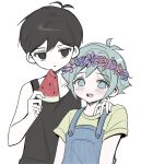  2boys :d :t antenna_hair aqua_eyes aqua_hair arms_at_sides bare_arms bare_shoulders basil_(headspace)_(omori) basil_(omori) black_eyes black_hair black_tank_top blue_flower blue_overalls blue_rose blush buttons closed_mouth collarbone colored_skin double-parted_bangs eating empty_eyes film_grain flipped_hair flower flower_wreath food fruit green_shirt hair_behind_ear hair_between_eyes hand_on_another's_shoulder hands_up hashtag-only_commentary head_wreath highres holding holding_food holding_fruit jitome looking_at_viewer male_focus multiple_boys no_pupils omori omori_(omori) open_mouth overalls pale_skin pink_flower pocket purple_flower red_flower red_rose rose shirt short_hair short_sleeves sidelocks simple_background smile tank_top teeth tongue upper_body upper_teeth_only very_short_hair watermelon watermelon_slice white_background white_skin wktdms1 
