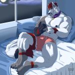 abs absurd_res anthro barazoku bed bedroom biceps black_claws bulge canid canine canis cellphone claws clothing collar ear_piercing earbuds electronics fur furniture headphones hi_res holding_object kyojufolf male mammal multicolored_body multicolored_fur muscular muscular_anthro muscular_male nipples paws pecs phone piercing pillow relaxing smartphone smile solo tail underwear white_body white_fur wolf wolf_demon yamii_kai