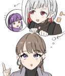  3girls :d arrow_(symbol) black_sweater braid brown_hair colored_inner_hair commentary_request crown_braid diagonal_bangs earrings flying_sweatdrops fujishima_megumi fujishima_megumi_(post-graduation) green_eyes grey_hair grey_jacket hasu_no_daisankaku highres index_finger_raised jacket jewelry kine link!_like!_love_live! llkapital long_hair love_live! mallet mochitsuki multicolored_hair multiple_girls open_clothes open_jacket open_mouth otomune_kozue otomune_kozue_(post-graduation) ponytail purple_eyes purple_hair raised_inner_eyebrows red_eyes red_hair sidelocks simple_background smile speech_bubble spoken_character star_(symbol) star_earrings sweater thought_bubble turtleneck turtleneck_sweater v-shaped_eyebrows virtual_youtuber white_background worried yugiri_tsuzuri yugiri_tsuzuri_(post-graduation) 