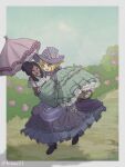  2girls :3 amaryllis_(dr._stone) artist_name black_hair blonde_hair blue_eyes blush carrying commentary dark-skinned_female dark_skin dr._stone dreadlocks dress dress_flower english_commentary flower green_dress hair_bun hat hat_flower high_heels hisuuiii holding holding_umbrella implied_yuri interracial kohaku_(dr._stone) multiple_girls off-shoulder_dress off_shoulder open_mouth outdoors parasol princess_carry purple_dress rose sidelocks smile twitter_username umbrella yellow_eyes yuri 