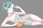  1girl aqua_eyes bakemonogatari bare_shoulders blush breasts camisole cleavage collarbone commentary_request feet_out_of_frame flat_chest googly_eyes green_eyes grey_background hat head_tilt highres looking_at_another lying medium_hair monogatari_(series) nao_art off_shoulder on_side ononoki_yotsugi pale_skin partial_commentary pointy_ears sidelocks simple_background single_off_shoulder small_breasts solo thick_eyebrows thighs upper_body v 