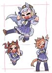  >_< 3girls :d animal_ears arm_up beer_hsk bow brown_hair brown_hat brown_shoes chibi clenched_hands closed_eyes commentary_request crown ear_covers forehead gold_ship_(umamusume) grey_hair hat highres horse_ears horse_girl horse_tail long_sleeves mini_crown mini_hat multiple_girls pleated_skirt ponytail puffy_long_sleeves puffy_sleeves purple_shirt purple_skirt purple_thighhighs sakura_bakushin_o_(umamusume) school_uniform shirt shoes skirt smile t.m._opera_o_(umamusume) tail thighhighs tracen_school_uniform umamusume white_background white_bow xd 