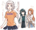  ! !! >_< 3girls :d black_skirt blue_eyes blue_ribbon blue_skirt braid brown_cardigan cardigan cardigan_around_waist clothes_around_waist coat collared_shirt dress_shirt gakuen_idolmaster green_hair green_shirt grey_coat grey_hair hair_ribbon half_up_braid hatsuboshi_gakuen_school_uniform idolmaster katsuragi_lilja multiple_girls neck_ribbon open_mouth orange_hair orange_shirt pleated_skirt revision ribbon ribbon_braid school_uniform shirt shiun_sumika short_hair short_sleeves sidelocks skirt smile sweatdrop t-shirt three-quarter_sleeves translated tsukimura_temari white_shirt xd yukitake_(xuserpost) 