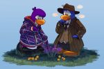 absurd_res anthro astroclicker avian bird black_clothing black_footwear black_shoes blue_background blue_body blue_clothing blue_fur blue_hoodie blue_topwear brown_clothing brown_coat brown_hat brown_headwear brown_topwear brown_vest clothed clothing club_penguin coat collared_shirt duo female flower footwear fur grass hat headgear headwear hi_res hoodie male male/female necktie open_clothing open_coat open_mouth open_topwear penguin plant purple_body purple_flower purple_fur shirt simple_background topwear upper_teeth_only vest white_clothing white_shirt white_topwear yellow_flower