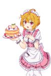  1girl ahoge alternate_costume apron blonde_hair blueberry blush bow bowtie breasts cake dress enmaided food frilled_apron frills fruit hair_flaps hands_up hatoga_suki highres holding holding_plate holding_tray ibuki_tsubasa idolmaster idolmaster_million_live! looking_at_viewer maid maid_apron maid_headdress open_mouth pancake pantyhose pink_bow pink_bowtie pink_dress pink_eyes pink_skirt plate puffy_short_sleeves puffy_sleeves short_hair short_sleeves simple_background skirt smile solo strawberry tray waist_apron waitress whipped_cream white_apron white_background white_pantyhose wrist_cuffs 