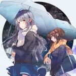  2girls black_jacket blazer blue_ribbon blue_skirt blue_umbrella blush braid brown_hair commentary_request copyright_name cowboy_shot enpera fly_(marguerite) grey_hair grey_skirt hair_ribbon highres holding holding_umbrella irozuku_sekai_no_ashita_kara jacket kazano_asagi long_hair long_sleeves looking_at_viewer miniskirt multiple_girls orange_scarf plaid_clothes plaid_scarf pleated_skirt ribbon scarf side_braid skirt snowing tsukishiro_hitomi umbrella white_scarf yellow_eyes 