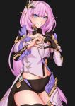  1girl absurdres black_gloves black_shorts black_shrug blue_eyes breasts commentary_request corset elf elysia_(honkai_impact) elysia_(miss_pink_elf)_(honkai_impact) gloves hair_ornament heart heart_hands highres honkai_(series) honkai_impact_3rd korean_commentary large_breasts long_hair looking_at_viewer pink_hair pointy_ears pyeong_il short_shorts shorts shrug_(clothing) simple_background single_glove solo very_long_hair white_corset 