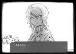  1girl closed_mouth coat coat_on_shoulders commentary_request fake_screenshot faust_(project_moon) greyscale highres ivy_(675671) lapels limbus_company looking_at_viewer monochrome notched_lapels project_moon ribbed_sweater short_hair simple_background smile solo sweater translated 