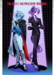  2girls absurdres adjusting_clothes armband back-to-back biantaishi1 black_background black_boots black_capelet black_gloves black_jacket black_pants black_ribbon black_shoes blue_coat blue_hair blue_outline blue_skin blue_tail boots brooch capelet clip_studio_paint_(medium) closed_mouth coat collared_shirt colored_skin commentary crossdressing crossdressing_(ftm) english_commentary english_text flat_chest footwear_ribbon forehead frilled_sleeves frills full_body gloves half-closed_eyes half_gloves halftone halftone_background hand_on_own_chest hand_up high_heel_boots high_heels high_ponytail highres holding holding_wand horns horse_tail jacket jewelry long_sleeves looking_at_viewer medium_hair multicolored_boots multicolored_hair multiple_girls my_little_pony my_little_pony:_equestria_girls my_little_pony:_friendship_is_magic necktie open_clothes open_coat outline pants pillarboxed pink_eyes pink_outline pink_skin ponytail purple_eyes purple_hair purple_necktie purple_tail purple_vest red_capelet ribbon shadow shirt shoes simple_background single_horn slit_pupils smile smirk sparkle spotlight standing starlight_glimmer starlight_glimmer_(equestria_girls) streaked_hair swept_bangs tail trixie_lulamoon trixie_lulamoon_(equestria_girls) tsurime two-sided_capelet two-tone_boots two-tone_hair two-tone_tail unicorn_girl unicorn_horn vest wand white_armband white_boots white_gloves white_hair white_pants white_shirt 