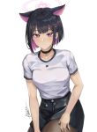 1girl animal_ears arms_at_sides black_choker black_hair black_shorts blue_archive bob_cut breasts cat_ears choker closed_mouth colored_inner_hair commentary cowboy_shot dated highres kazusa_(blue_archive) looking_at_viewer multicolored_hair pink_eyes shirt shirt_tucked_in short_hair short_shorts short_sleeves shorts simple_background solo t-shirt tiger_june white_background white_shirt 