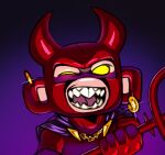 ambiguous_gender anthro black_cape black_clothing cape clothing costume devil_costume ear_piercing ear_ring eyebrows facial_hair glistening glistening_body glistening_clothing glistening_jewelry glistening_latex glistening_skin goatee gold_ear_ring haplorhine holding_melee_weapon holding_object holding_polearm holding_trident holding_weapon hoop_ear_ring horn jewelry latex latex_clothing latex_mask latex_skinsuit mammal mask melee_weapon monkey no_pupils owy piercing polearm primate purple_background red_clothing red_latex ring_piercing sharp_teeth simple_background skinsuit solo spikes teeth tight_clothing tongue trident weapon yellow_eyes