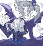  1girl aikatsu! aikatsu!_(series) ascot bat_earrings bat_wings blunt_bangs commentary_request cropped_jacket drill_hair earrings feathers frilled_sleeves frills gothic_lolita grey_eyes grey_hair hand_up jacket jewelry juliet_sleeves lolita_fashion long_hair long_sleeves looking_at_viewer nail_polish poteto_(mochimochinc) puffy_sleeves purple_jacket purple_skirt skirt solo todo_yurika twin_drills twintails white_ascot white_background wings 