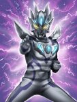  1boy absurdres alien color_timer colored_skin commentary_request electricity forehead_jewel highres multicolored_skin purple_skin shoulder_pads silver_skin solo tokusatsu two-tone_skin ultra_galaxy_(series) ultra_series ultraman_geed_(series) ultraman_zero ultraman_zero_beyond wrinkled_skin yellow_eyes yoshifuto 