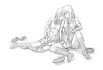  amputee extra greyscale head_on_shoulder highres katawa_shoujo knee_brace kneehighs long_hair miura_miki monochrome multiple_girls necktie one_eye_closed raide school_uniform shoes_removed sleeping sleeping_upright suzuki_suzu 