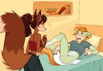 2025 anthro bed black_nose blonde_hair blush blush_lines bottomwear bra brown_body brown_fur brown_hair canid canine clean_diaper clothing countershade_torso countershading diaper diaper_change dipstick_tail duo embarrassed equid equine eye_contact female fingers fox fur furniture gloves_(marking) green_body green_bottomwear green_clothing green_pants green_skin hair hi_res hooved_fingers hooves horse horse_tail leg_markings looking_at_another male mammal markings multicolored_body multicolored_fur multicolored_tail on_bed orange_body orange_fur pants ponytail red_bra red_clothing red_hair red_sports_bra red_topwear red_underwear shirt signature socks_(marking) soggypossum sports_bra spots spotted_markings t-shirt tail tail_markings tan_body tan_fur tan_muzzle tan_tail_tip topwear underwear