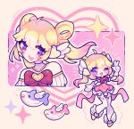  1girl absurdres bare_shoulders blonde_hair bow chibi commentary dress english_commentary gloves hair_ornament heart heart_of_hope_juno highres juno_(overwatch) long_hair magical_girl multicolored_hair official_alternate_costume overwatch pink_bow purple_eyes shark smile solo white_gloves wings 