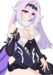  1girl absurdres black_shorts blue_corset commentary_request corset detached_sleeves elysia_(honkai_impact) elysia_(miss_pink_elf)_(honkai_impact) highres honkai_(series) honkai_impact_3rd korean_commentary long_hair multicolored_eyes prototype_design purple_hair pyeong_il short_shorts shorts simple_background smile solo thighs two-tone_eyes very_long_hair white_background 