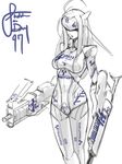  ahoge arm_cannon bodysuit breasts clothes_writing dual_wielding eu03 gun holding impossible_clothes long_hair medium_breasts monochrome original solo spot_color visor_(armor) weapon 