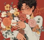  1boy ;d akaashi_keiji arms_up bird black_hair blue_eyes blush bouquet brown_flower carnation commentary crowme2 dahlia english_commentary flower flower_request glasses haikyuu!! happy_birthday highres holding holding_bouquet leaf long_sleeves looking_to_the_side male_focus one_eye_closed open_mouth orange_flower parted_hair pink_flower red_background red_flower red_rose rose shirt short_hair sideways_glance smile solo white_flower white_rose white_shirt yellow_flower 