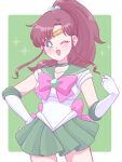  1girl bishoujo_senshi_sailor_moon border bow breasts brown_hair choker cowboy_shot earrings elbow_gloves gloves green_background green_eyes green_sailor_collar green_skirt hair_bobbles hair_ornament highres jewelry kino_makoto long_hair magical_girl one_eye_closed ponytail sailor_collar sailor_jupiter sailor_senshi_uniform skirt smile white_border white_gloves yumeko_(yumemexx) 