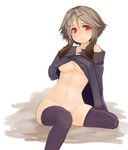  absurdres black_legwear bottomless breasts grey_hair h_(158cm) hair_ornament hairclip highres medium_breasts naked_sweater navel no_bra off_shoulder original red_eyes shirt_lift short_hair sitting sleeves_past_wrists solo sweater thighhighs underboob 
