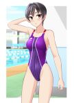  1girl absurdres ass_visible_through_thighs black_hair breasts brown_eyes commentary_request competition_swimsuit covered_navel cowboy_shot groin highleg highleg_one-piece_swimsuit highres indoors lane_line medium_breasts one-piece_swimsuit original pool purple_one-piece_swimsuit short_hair solo standing swimsuit takafumi two-tone_swimsuit variant_set 