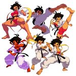  :&lt; abs bandaid bandaid_on_face barefoot bikini black_hair breasts cameltoe closed_mouth dougi feet fighting_stance flying_kick full_body highres jill_besson_(vordandan) kicking makoto_(street_fighter) medium_breasts muscle muscular_female school_uniform short_hair soles street_fighter street_fighter_iii_(series) swimsuit tan toenails toes torn_clothes v-shaped_eyebrows 