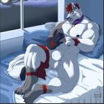 abs animal_genitalia anthro balls barazoku bed bedroom biceps black_claws canid canine canis cellphone claws collar ear_piercing electronics fur furniture genitals holding_object kyojufolf male mammal multicolored_body multicolored_fur muscular muscular_anthro muscular_male nipples nude paws pecs penis phone piercing pillow relaxing sheath smartphone smile solo tail white_body white_fur wolf wolf_demon yamii_kai