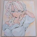  1girl bad_id bad_twitter_id blonde_hair bracelet braid breasts dark-skinned_female dark_skin food_court_de_mata_ashita frilled_shirt frills highres jewelry light_frown looking_at_viewer nariie_shin'ichirou photo_(medium) puffy_short_sleeves puffy_sleeves shikishi shirt short_sleeves single_bare_shoulder single_off_shoulder solo tan traditional_media tucking_hair upper_body yamamoto_(food_court) 