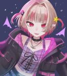  1girl :d belt belt_buckle black_belt black_collar black_jacket blue_background blunt_bangs blush buckle chain chain_necklace collar collarbone colored_inner_hair commentary_request crop_top cross-laced_clothes cross-laced_top detached_wings drawn_wings dutch_angle earclip fang gnzr_707 grey_hair hair_bobbles hair_intakes hair_ornament highres jacket jewelry looking_at_viewer makaino_ririmu makaino_ririmu_(6th_costume) midriff multicolored_hair multiple_belts navel necklace nijisanji no_headwear o-ring_collar open_clothes open_jacket pendant pink_hair pink_jacket pink_skirt pink_streaks plaid_clothes plaid_skirt pocket pointy_ears red_eyes short_hair skin_fang skirt smile solo spiked_collar spikes standing star_(symbol) star_hair_ornament star_symbol_background streaked_hair two-sided_fabric two-sided_jacket two-tone_hair two_side_up unbuttoned unzipped upper_body v-shaped_eyebrows virtual_youtuber wings wolf_cut zipper_top 