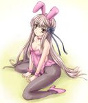  animal_ears brown_hair bunny_ears bunnysuit choker green_eyes long_hair pantyhose rewrite senri_akane sitting solo wariza wrist_cuffs yo-jin 