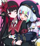  2girls beret black_capelet black_hair black_jacket black_shirt bow capelet closed_mouth collared_shirt commentary_request flower hair_flower hair_ornament hat head_on_another's_shoulder heterochromia highres hug hug_from_behind jacket jogasaki_noah long_hair long_sleeves looking_at_another mahou_shoujo_no_majo_saiban multi-tied_hair multicolored_hair multiple_girls necktie nikaido_hiro one_eye_closed open_mouth paintbrush polka_dot polka_dot_bow red_eyes red_flower red_necktie shirt smile streaked_hair upper_body waipiiy white_hair white_shirt yellow_eyes 