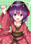  1girl :d arm_up blush bowl bowl_hat checkered_background commentary_request green_background hat highres holding holding_needle japanese_clothes kimono long_sleeves looking_at_viewer needle obi open_mouth outstretched_arm purple_eyes purple_hair purple_hat red_kimono ruu_(tksymkw) sash short_hair smile solo sukuna_shinmyoumaru touhou upper_body wide_sleeves 