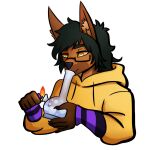 absurd_res anthro black_hair bong brown_body brown_fur canid canine clothing drugs eskart eyewear fox fur glasses hair hi_res jacket jonax_brown-fox male mammal marijuana purple_and_black_arm_warmers smoking smoking_bong smoking_marijuana solo topwear yellow_clothing yellow_eyes yellow_jacket_(clothing) yellow_topwear